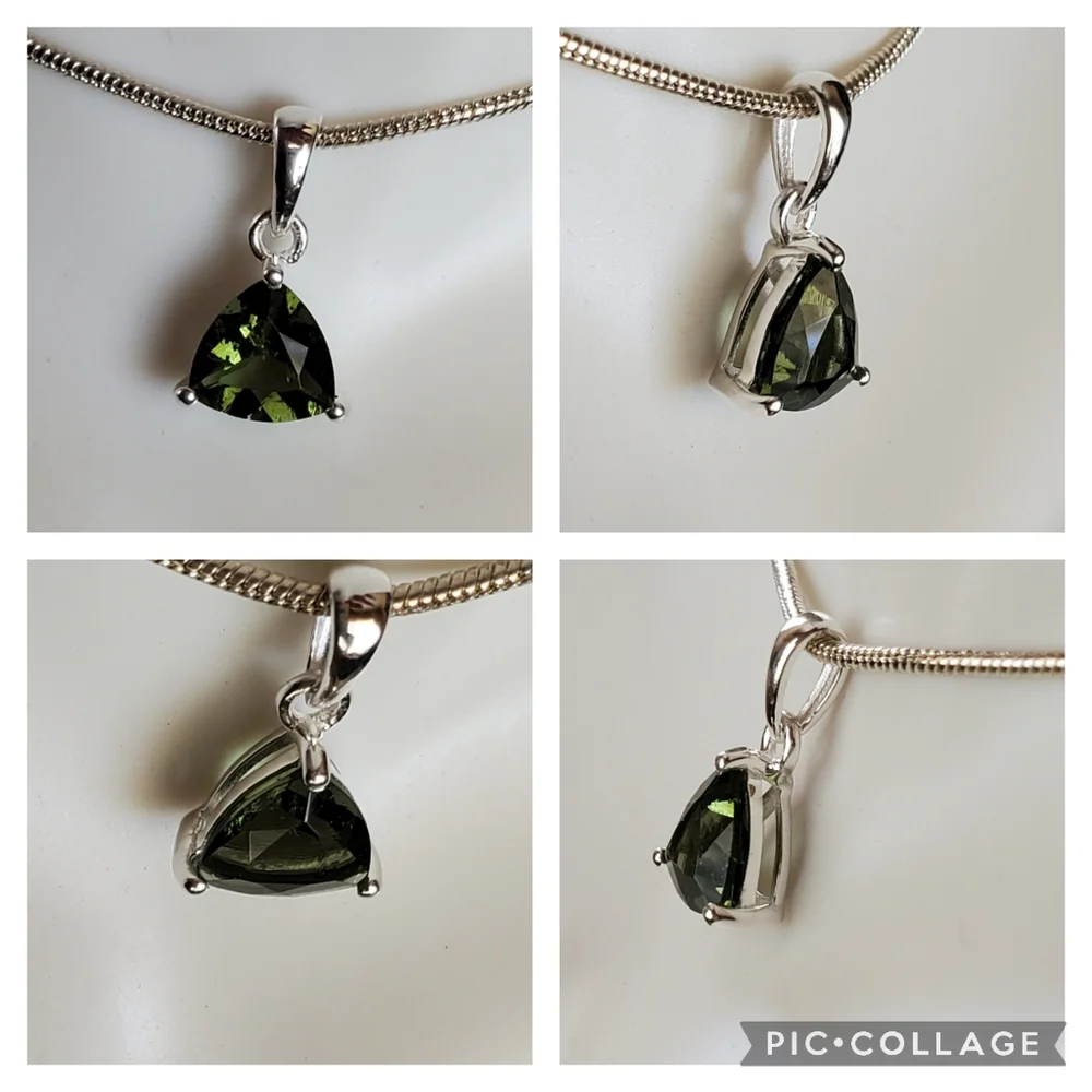 Genuine *Czech Moldavite* Faceted Trillion Necklace Pendant | Silver | Stunning - Picture 3 of 4